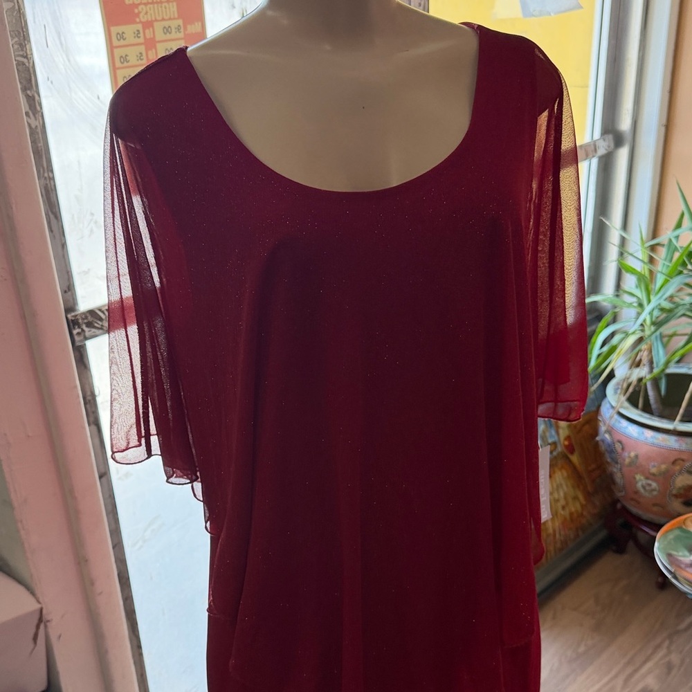 Dark Red Sparkle Mesh Sleeve Dress